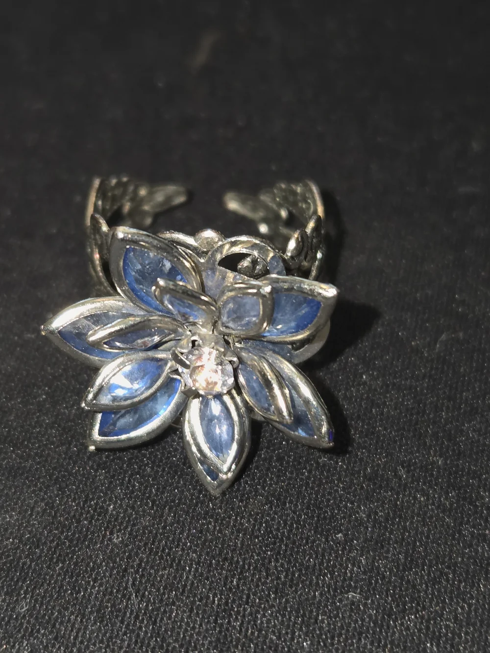 Vintage Style Blue Marquise Crystal Flower Adjustable Statement Cocktail Ring